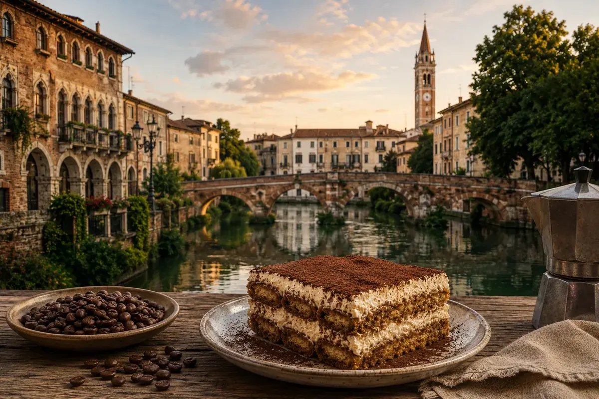 Una porzione di Tiramisù con caffè e moka davanti a un canale di Treviso al tramonto